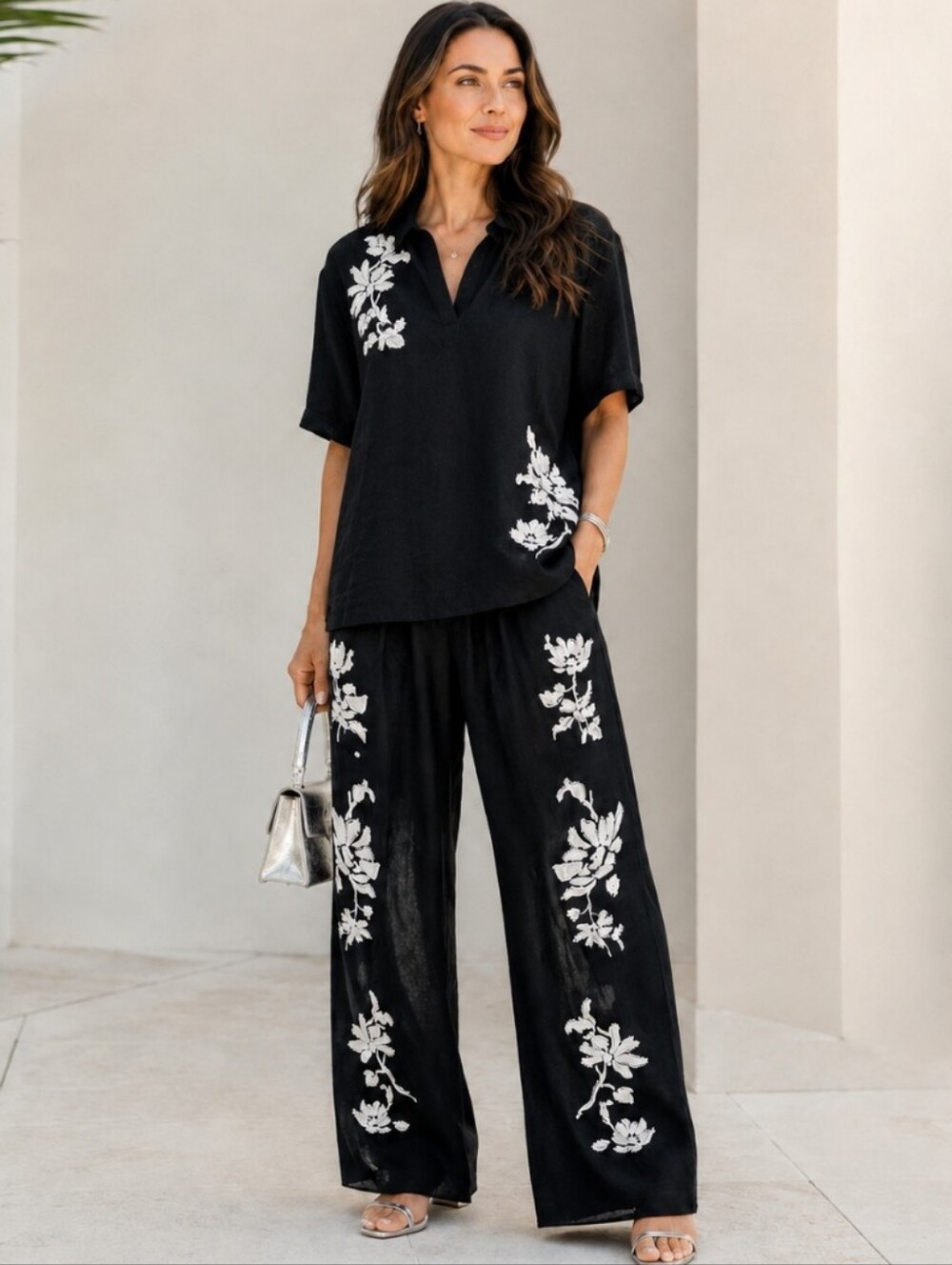 Zara Black Embroidered Two-Piece Wide-Leg Pants Set